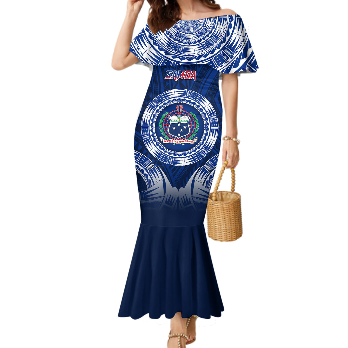 Samoa Rugby Mermaid Dress World Cup 2023 Coat Of Arms With Polynesian Pattern LT05 Women Blue - Polynesian Pride