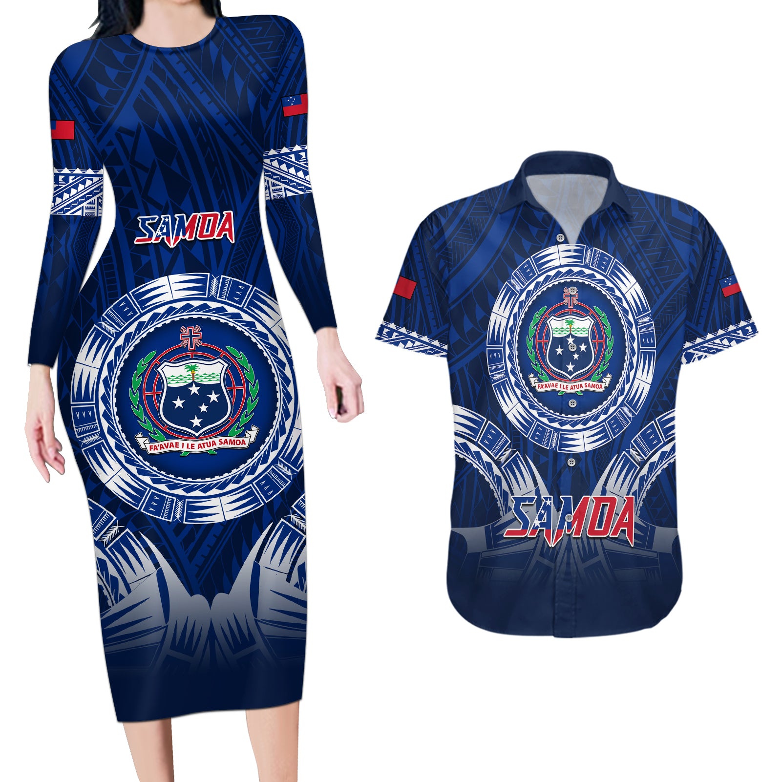 Custom Samoa Rugby Couples Matching Long Sleeve Bodycon Dress and Hawaiian Shirt World Cup 2023 Coat Of Arms With Polynesian Pattern LT05 Blue - Polynesian Pride