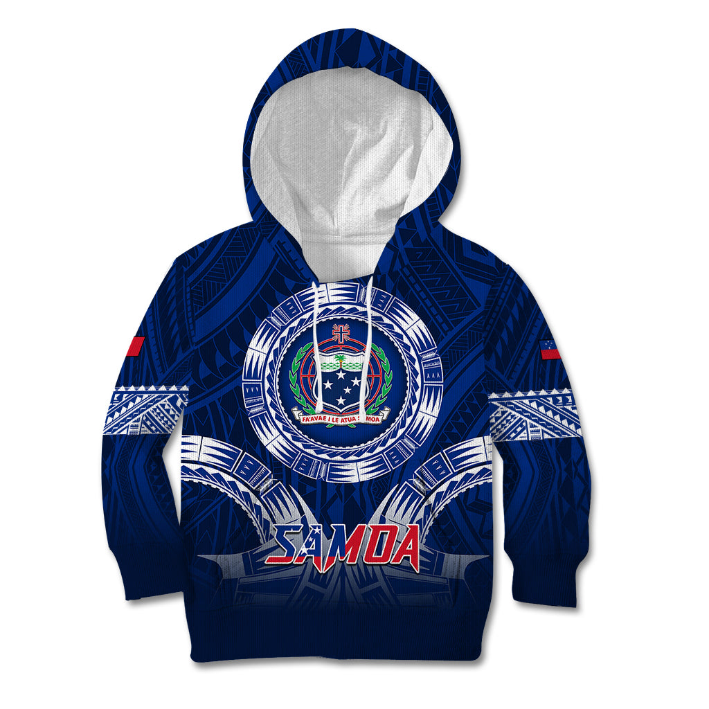 Custom Samoa Rugby Kid Hoodie World Cup 2023 Coat Of Arms With Polynesian Pattern LT05 Blue - Polynesian Pride