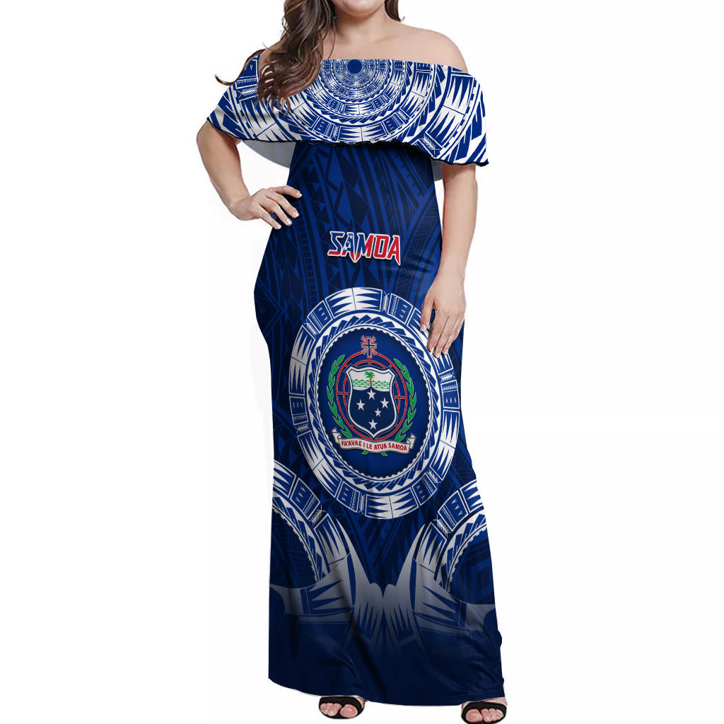 Custom Samoa Rugby Off Shoulder Maxi Dress World Cup 2023 Coat Of Arms With Polynesian Pattern LT05 Women Blue - Polynesian Pride