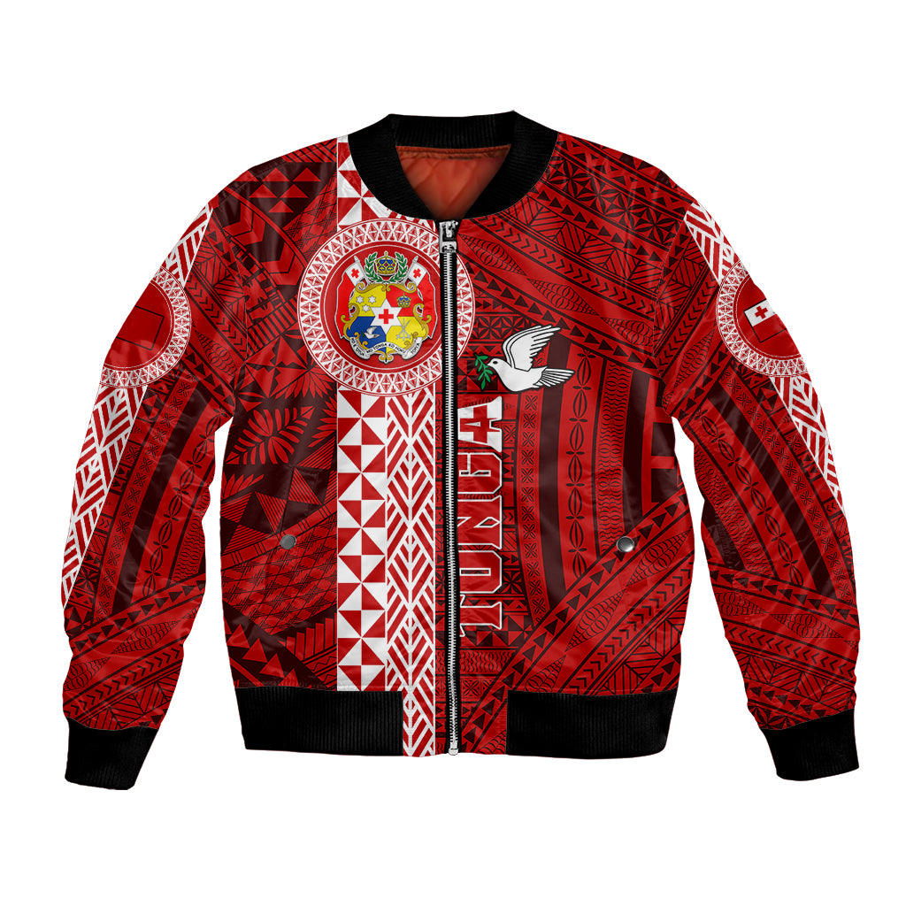 Tonga Rugby Bomber Jacket World Cup 2023 Coat Of Arms Ngatu Pattern LT05 Unisex Red - Polynesian Pride