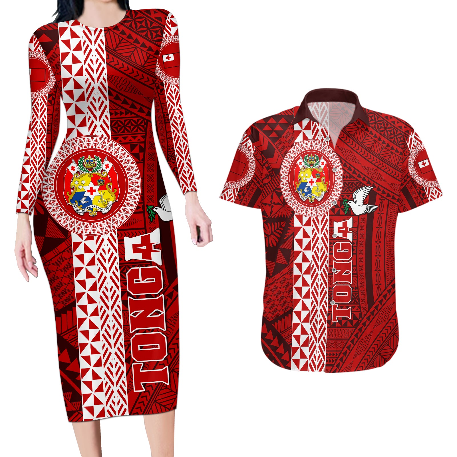 Tonga Rugby Couples Matching Long Sleeve Bodycon Dress and Hawaiian Shirt World Cup 2023 Coat Of Arms Ngatu Pattern LT05 Red - Polynesian Pride