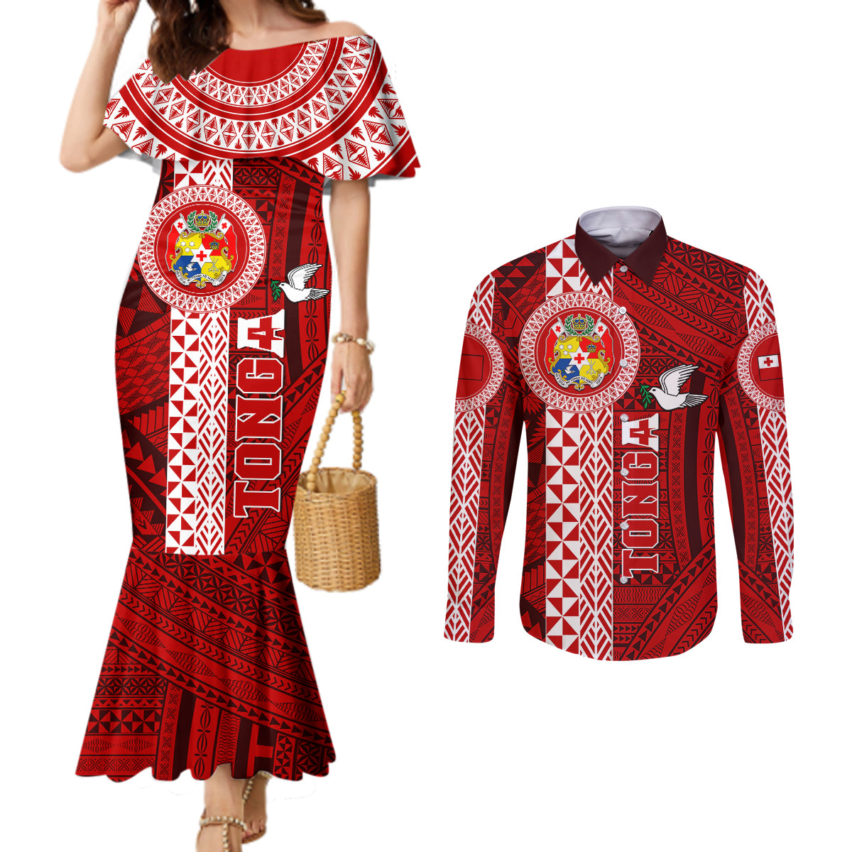Tonga Rugby Couples Matching Mermaid Dress and Long Sleeve Button Shirts World Cup 2023 Coat Of Arms Ngatu Pattern LT05 Red - Polynesian Pride