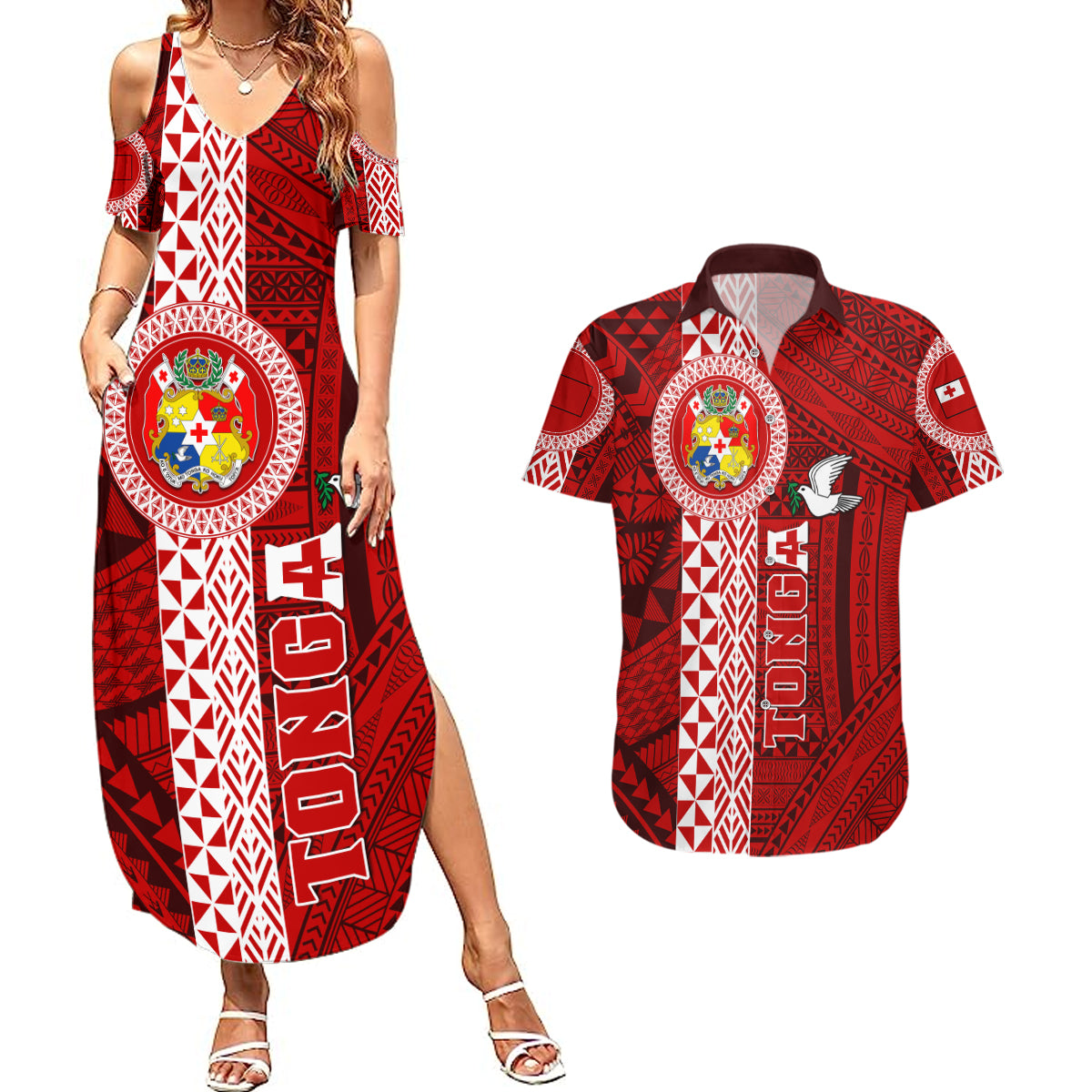 Tonga Rugby Couples Matching Summer Maxi Dress and Hawaiian Shirt World Cup 2023 Coat Of Arms Ngatu Pattern LT05 Red - Polynesian Pride