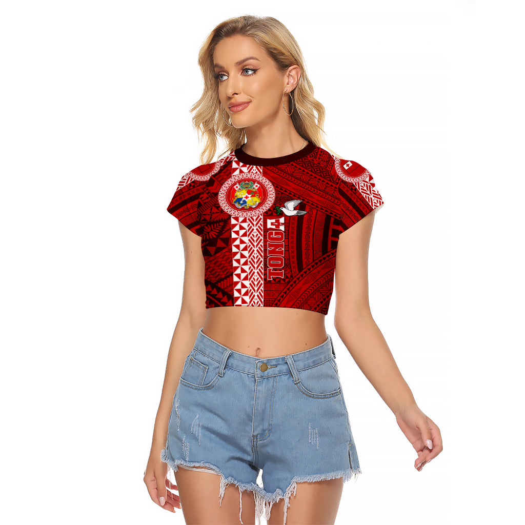 Tonga Rugby Raglan Cropped T Shirt World Cup 2023 Coat Of Arms Ngatu Pattern LT05 Female Red - Polynesian Pride