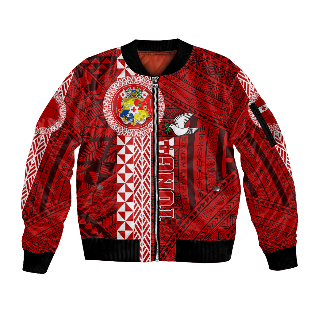 Tonga Rugby Sleeve Zip Bomber Jacket World Cup 2023 Coat Of Arms Ngatu Pattern LT05 Unisex Red - Polynesian Pride