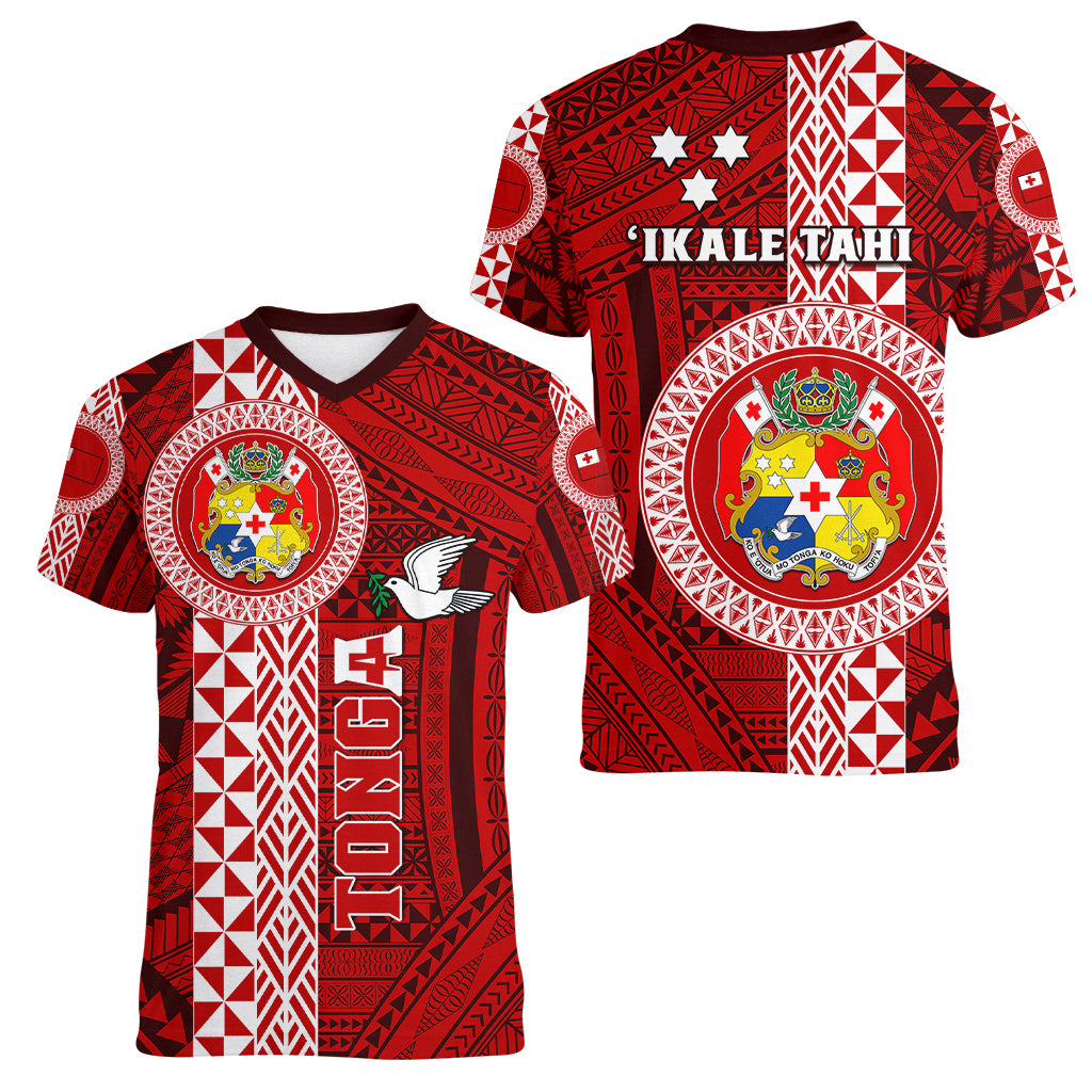 Tonga Rugby Women V Neck T Shirt World Cup 2023 Coat Of Arms Ngatu Pattern LT05 - Polynesian Pride