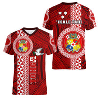 Tonga Rugby Women V Neck T Shirt World Cup 2023 Coat Of Arms Ngatu Pattern LT05 - Polynesian Pride