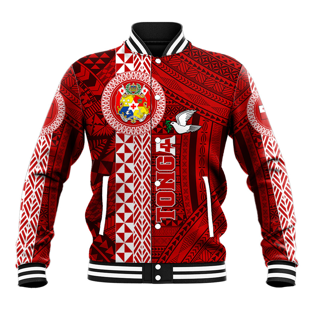 Custom Tonga Rugby Baseball Jacket World Cup 2023 Coat Of Arms Ngatu Pattern LT05 Unisex Red - Polynesian Pride