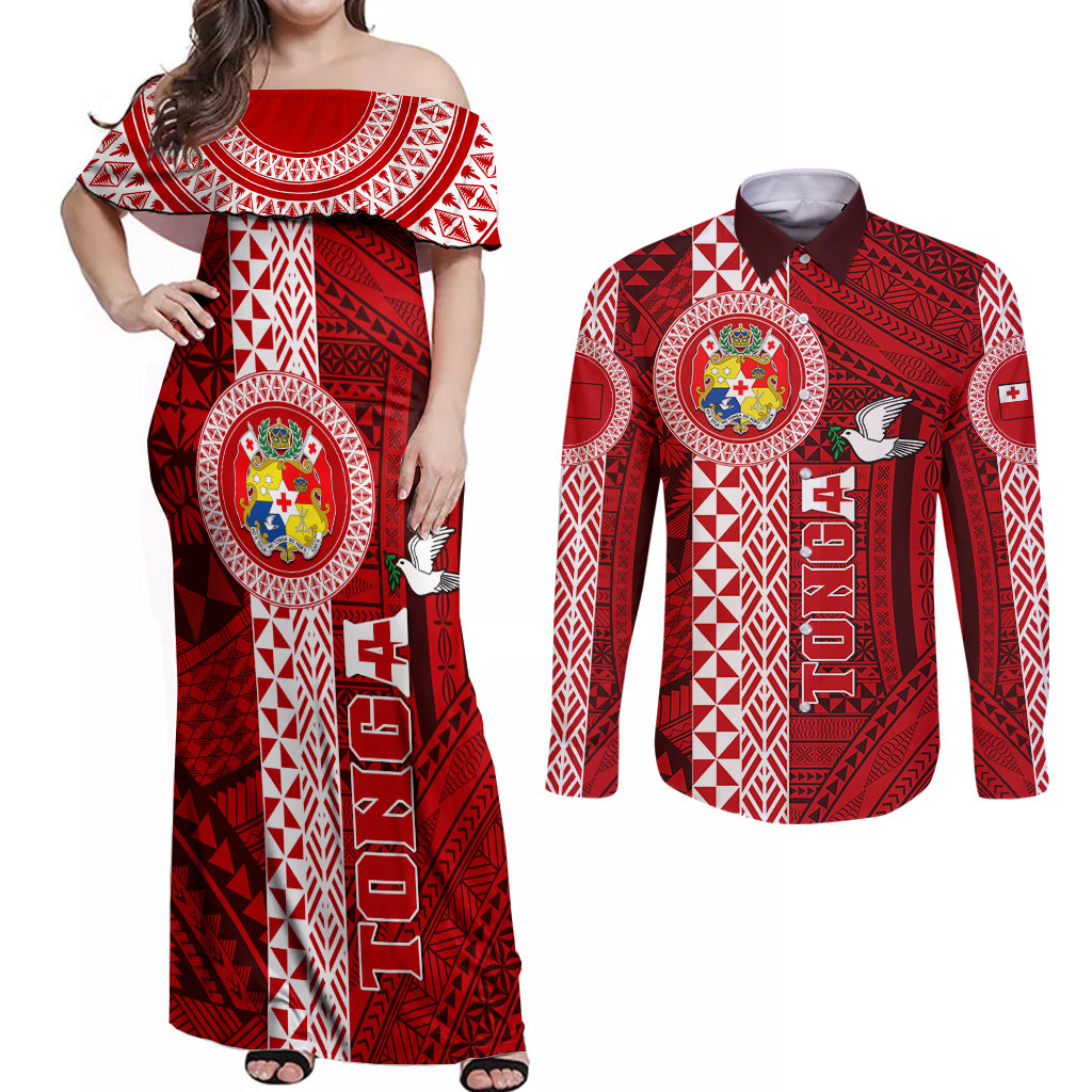 Custom Tonga Rugby Couples Matching Off Shoulder Maxi Dress and Long Sleeve Button Shirts World Cup 2023 Coat Of Arms Ngatu Pattern LT05 Red - Polynesian Pride