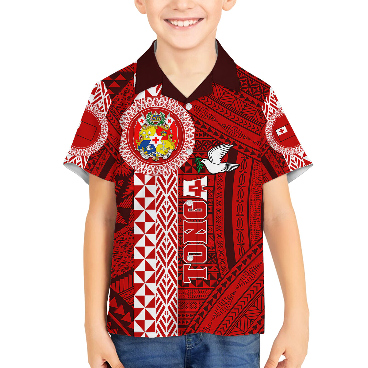 Custom Tonga Rugby Family Matching Off Shoulder Long Sleeve Dress and Hawaiian Shirt World Cup 2023 Coat Of Arms Ngatu Pattern LT05 Son's Shirt Red - Polynesian Pride
