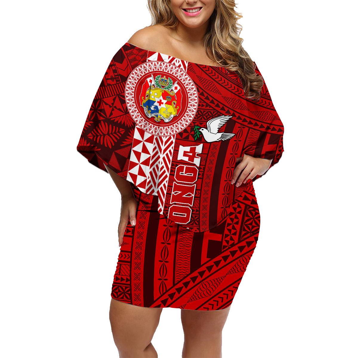 Custom Tonga Rugby Family Matching Off Shoulder Short Dress and Hawaiian Shirt World Cup 2023 Coat Of Arms Ngatu Pattern LT05 Mom's Dress Red - Polynesian Pride