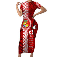 Custom Tonga Rugby Family Matching Short Sleeve Bodycon Dress and Hawaiian Shirt World Cup 2023 Coat Of Arms Ngatu Pattern LT05 Mom's Dress Red - Polynesian Pride
