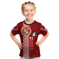 Custom Tonga Rugby Kid T Shirt World Cup 2023 Coat Of Arms Ngatu Pattern LT05 Red - Polynesian Pride