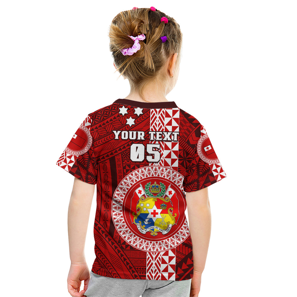 Custom Tonga Rugby Kid T Shirt World Cup 2023 Coat Of Arms Ngatu Pattern LT05 - Polynesian Pride