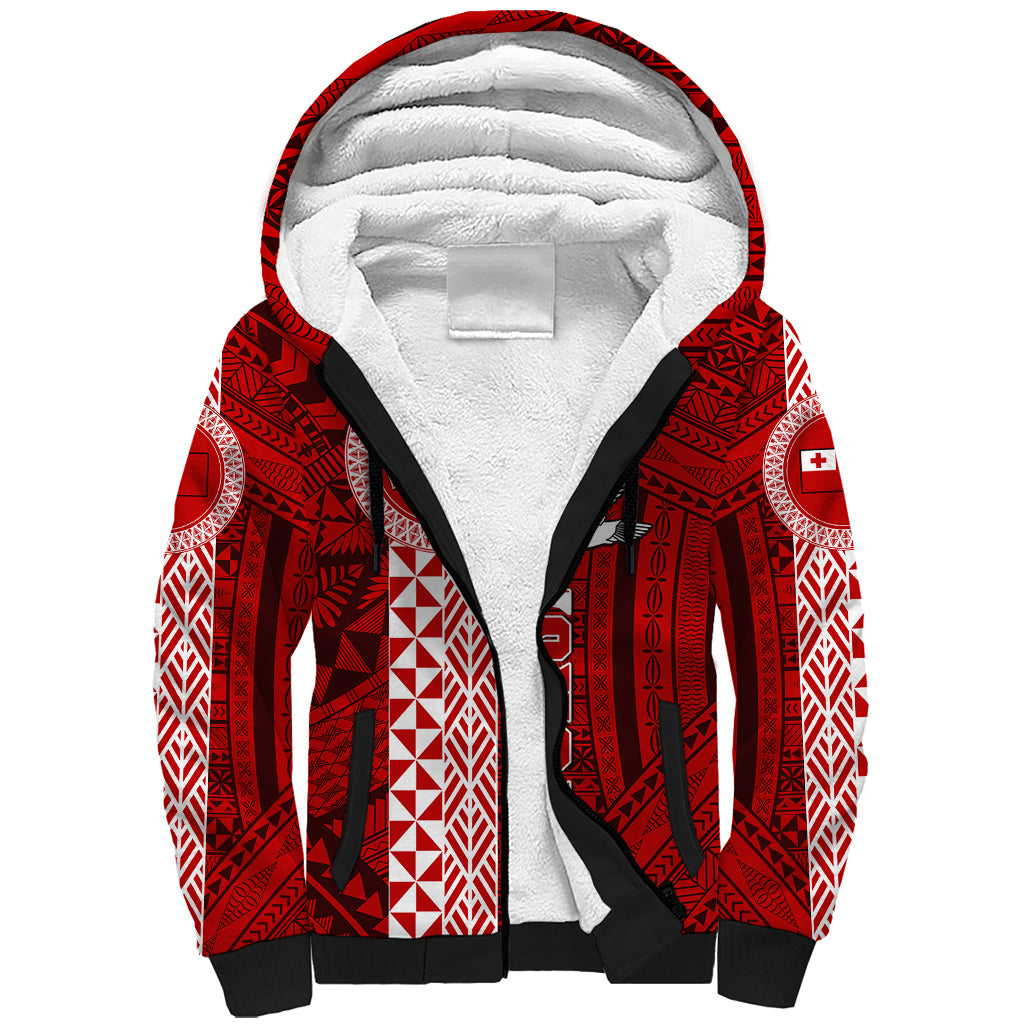 Custom Tonga Rugby Sherpa Hoodie World Cup 2023 Coat Of Arms Ngatu Pattern LT05 Unisex Red - Polynesian Pride