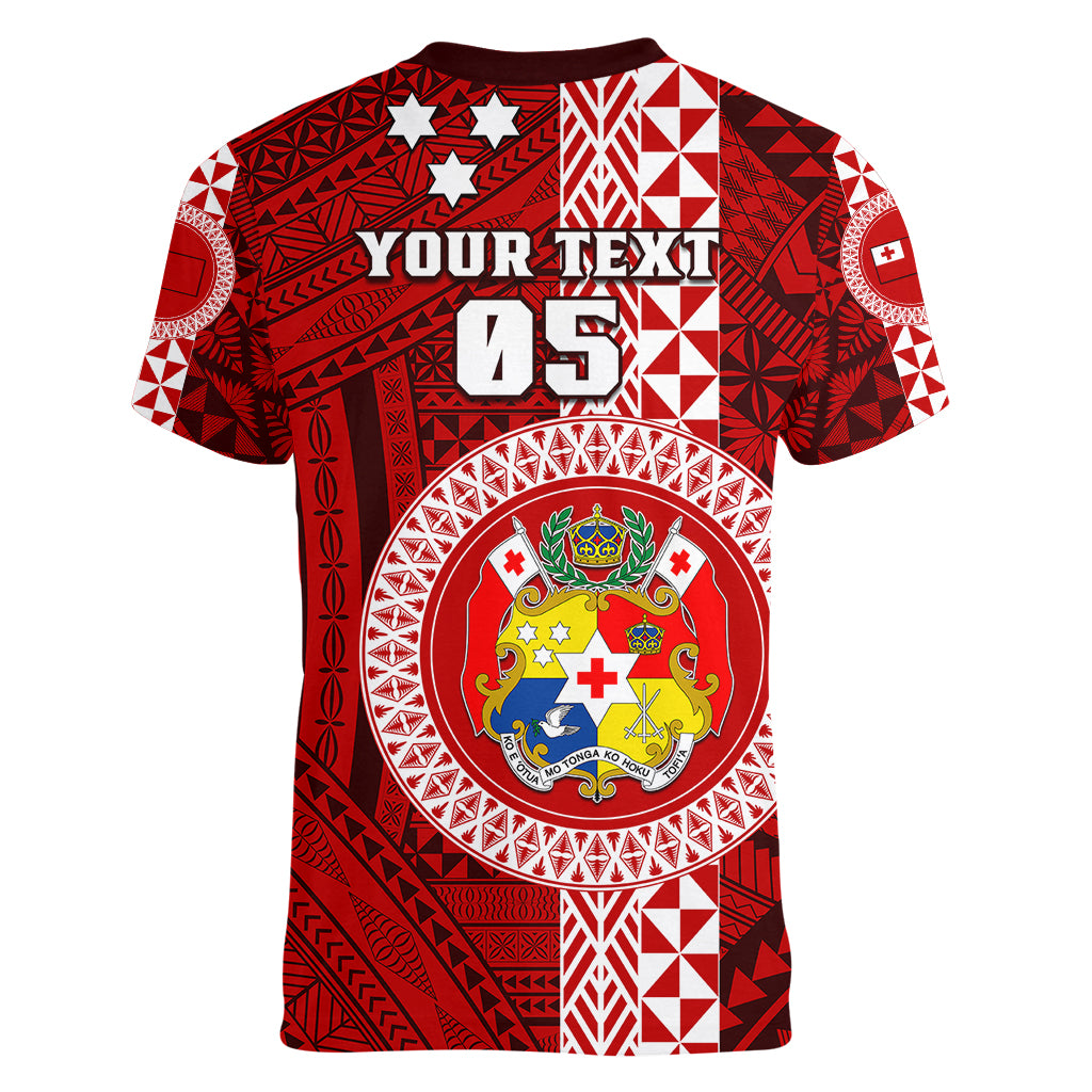 Custom Tonga Rugby Women V Neck T Shirt World Cup 2023 Coat Of Arms Ngatu Pattern LT05 - Polynesian Pride