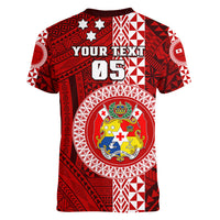 Custom Tonga Rugby Women V Neck T Shirt World Cup 2023 Coat Of Arms Ngatu Pattern LT05 - Polynesian Pride
