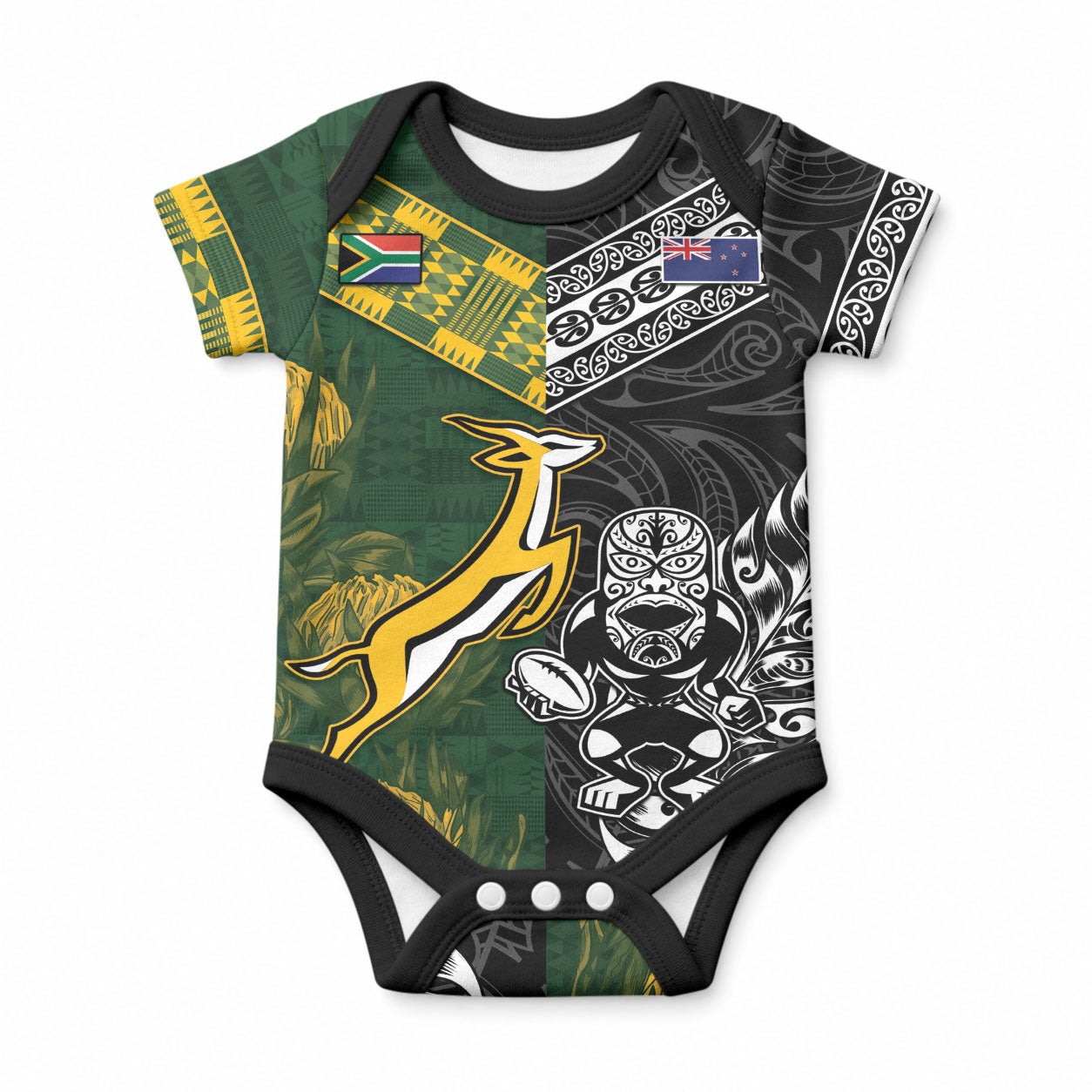 Rugby New Zealand South Africa Baby Onesie Maori Tiki Springboks Together