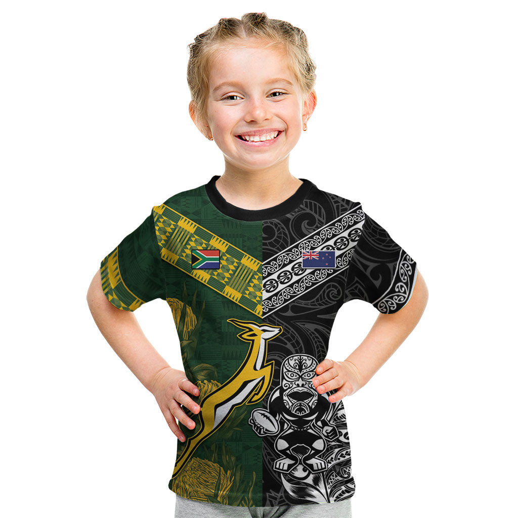 Rugby New Zealand South Africa Kid T Shirt Maori Tiki Springboks Together