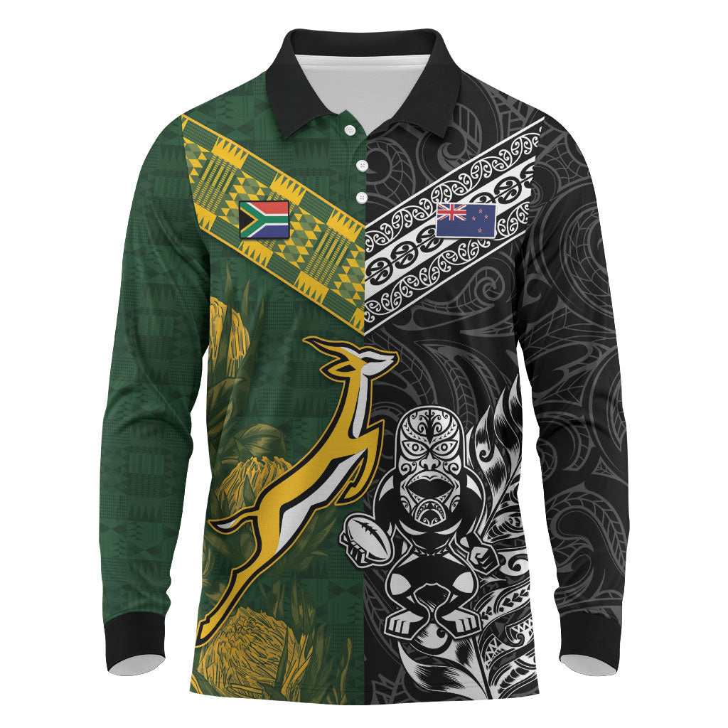 Rugby New Zealand South Africa Long Sleeve Polo Shirt Maori Tiki Springboks Together