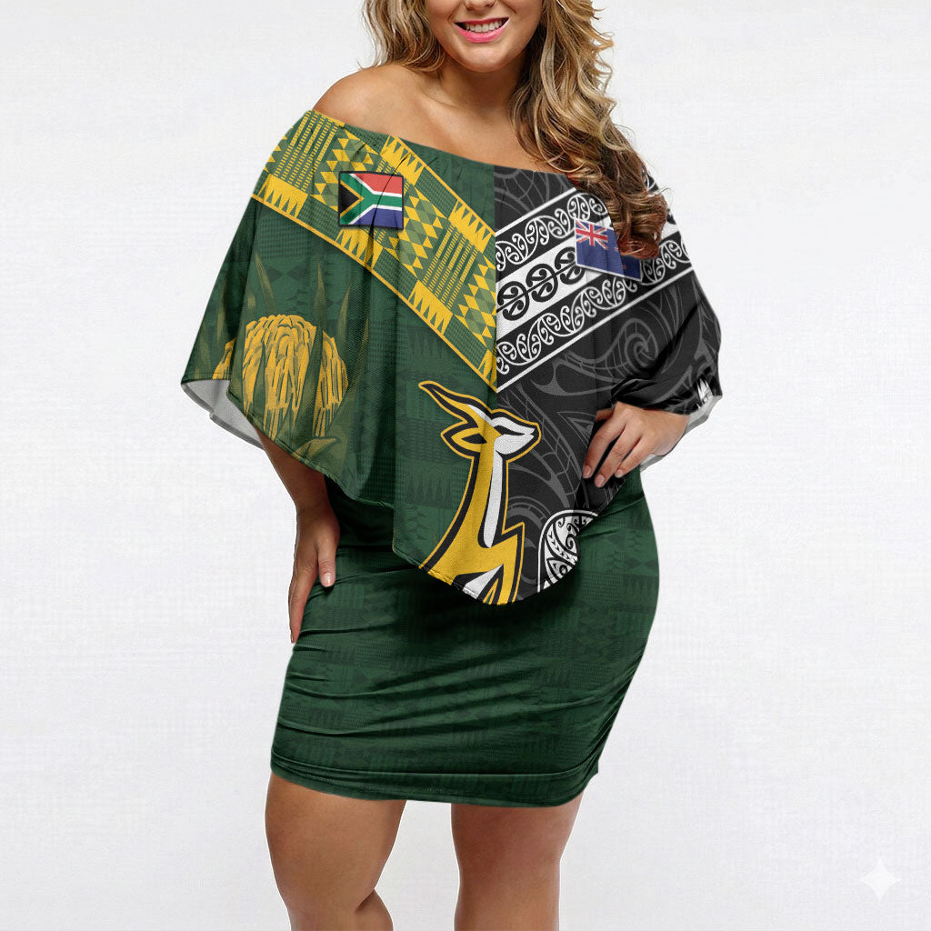 Rugby New Zealand South Africa Off Shoulder Short Dress Maori Tiki Springboks Together