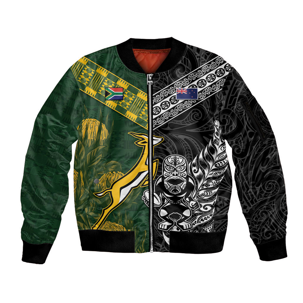 Rugby New Zealand South Africa Sleeve Zip Bomber Jacket Maori Tiki Springboks Together