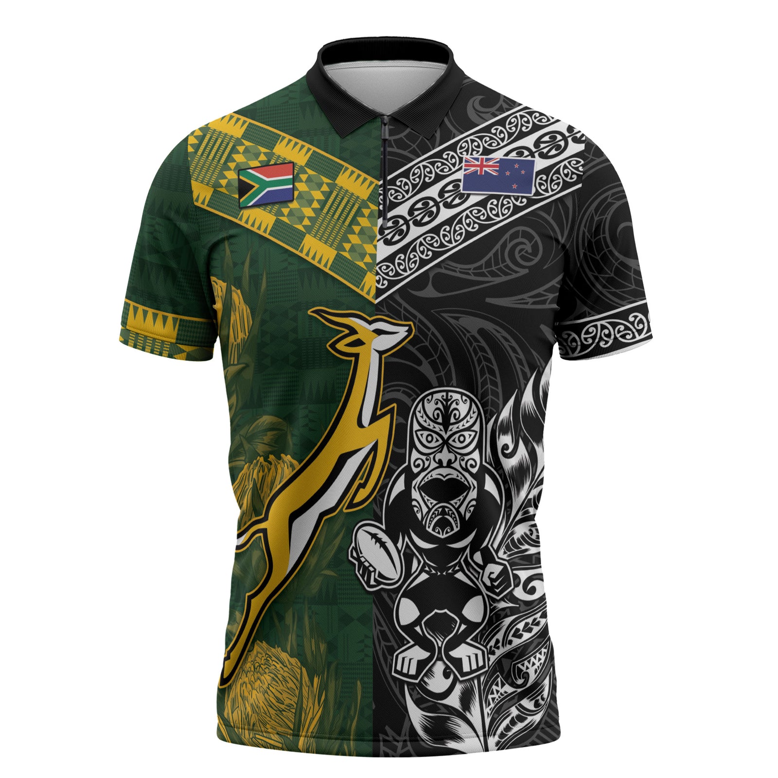 Rugby New Zealand South Africa Zipper Polo Shirt Maori Tiki Springboks Together