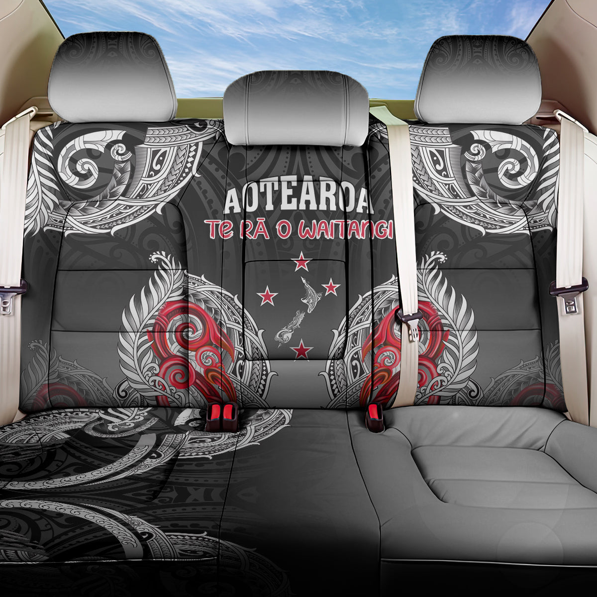 New Zealand Waitangi Day Back Car Seat Cover Aotearoa Te Ra O Waitangi Manaia Maori Pattern LT05 One Size Black - Polynesian Pride