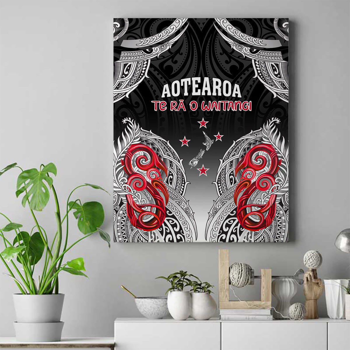 New Zealand Waitangi Day Canvas Wall Art Aotearoa Te Ra O Waitangi Manaia Maori Pattern LT05 Black - Polynesian Pride