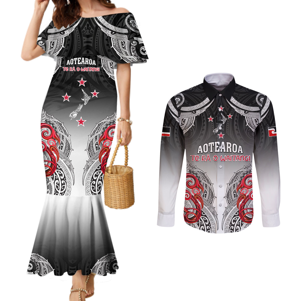 Personalised New Zealand Waitangi Day Couples Matching Mermaid Dress and Long Sleeve Button Shirt Aotearoa Te Ra O Waitangi Manaia Maori Pattern LT05 Black - Polynesian Pride