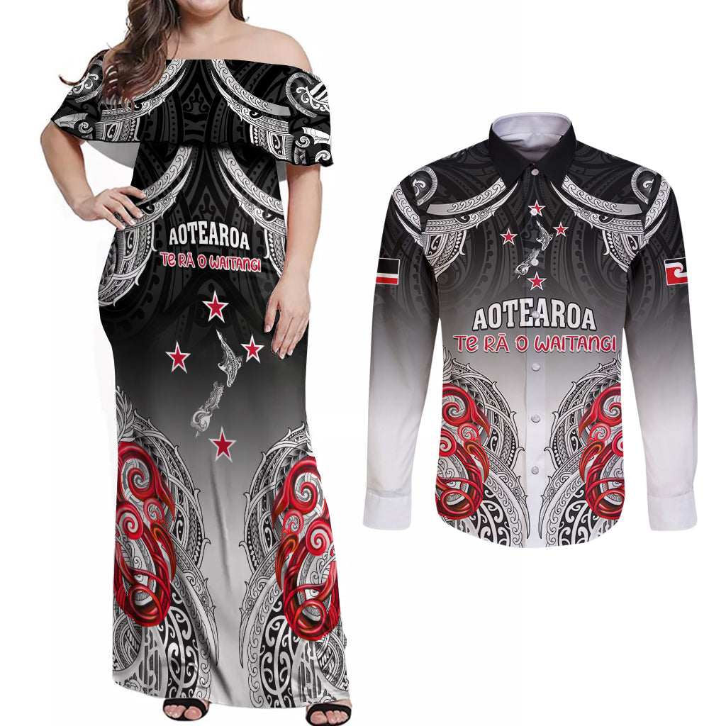 Personalised New Zealand Waitangi Day Couples Matching Off Shoulder Maxi Dress and Long Sleeve Button Shirt Aotearoa Te Ra O Waitangi Manaia Maori Pattern LT05 Black - Polynesian Pride