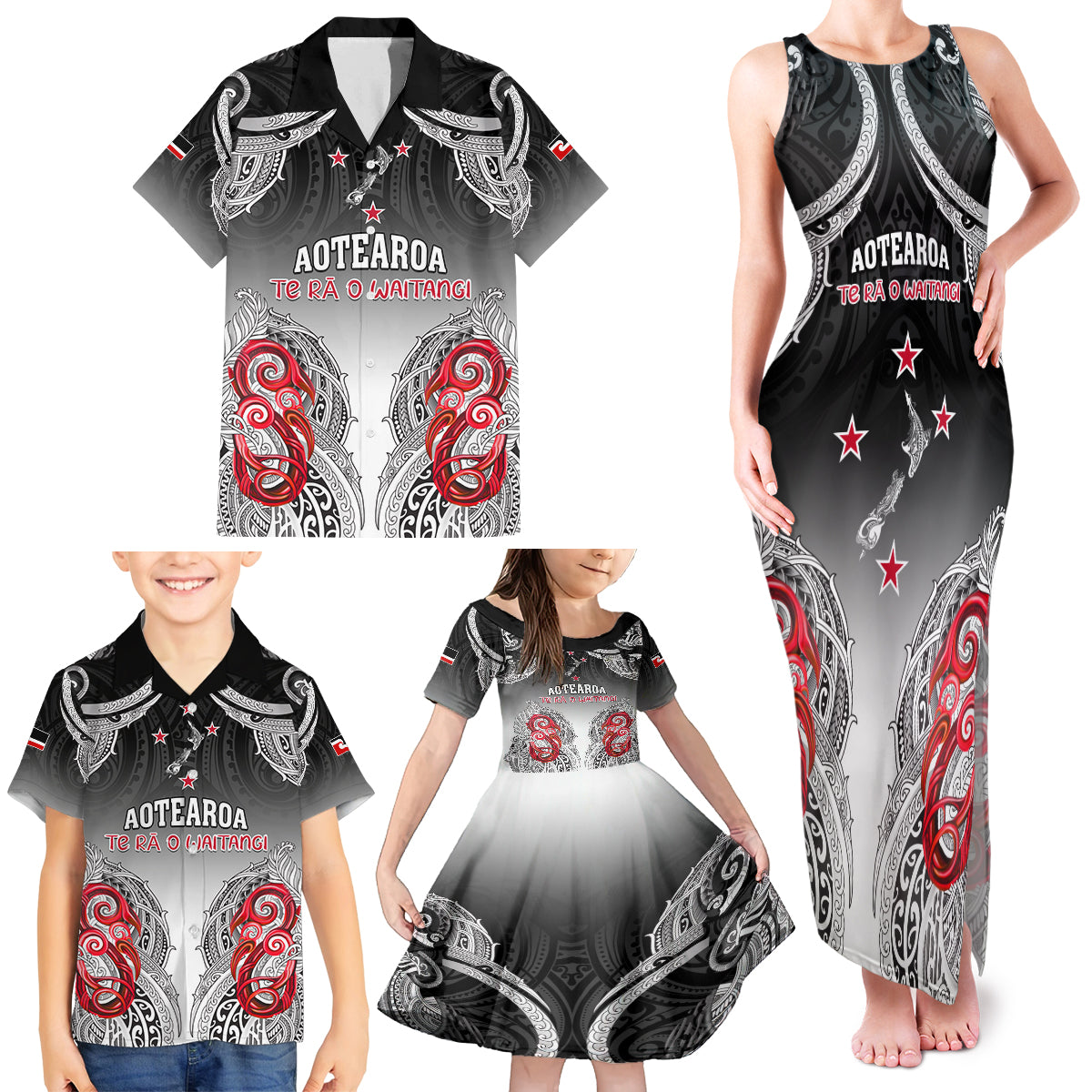 Personalised New Zealand Waitangi Day Family Matching Tank Maxi Dress and Hawaiian Shirt Aotearoa Te Ra O Waitangi Manaia Maori Pattern LT05 - Polynesian Pride