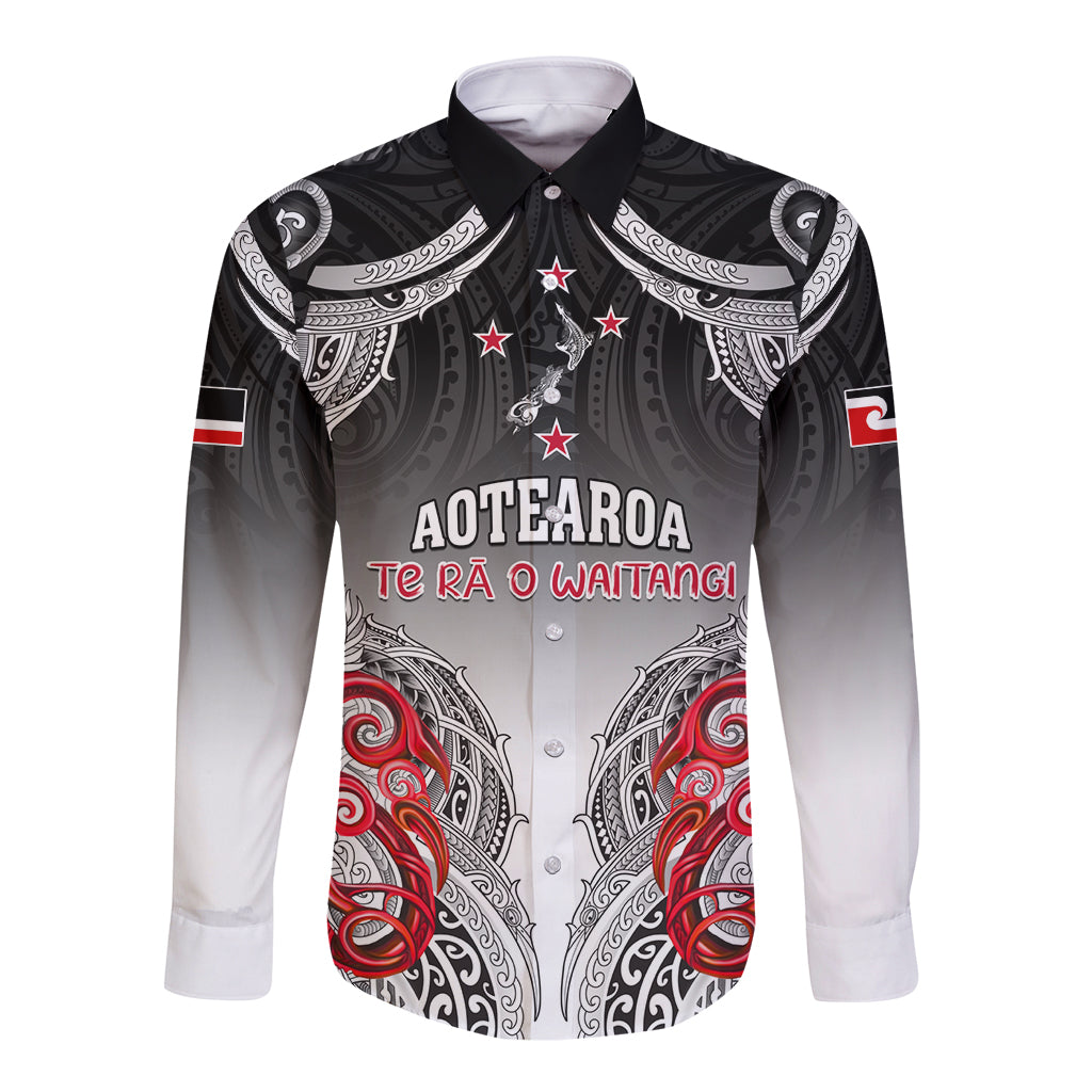 Personalised New Zealand Waitangi Day Long Sleeve Button Shirt Aotearoa Te Ra O Waitangi Manaia Maori Pattern LT05 Unisex Black - Polynesian Pride