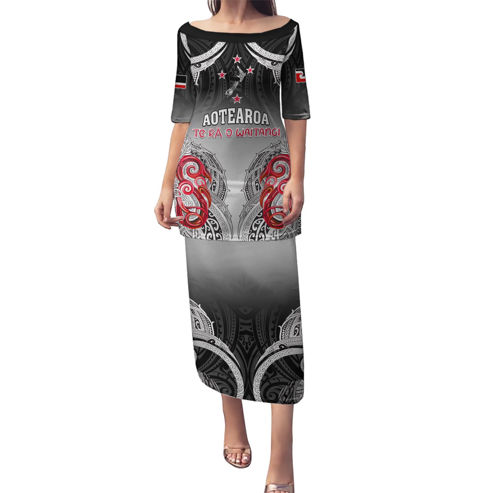 Personalised New Zealand Waitangi Day Puletasi Aotearoa Te Ra O Waitangi Manaia Maori Pattern LT05 Long Dress Black - Polynesian Pride