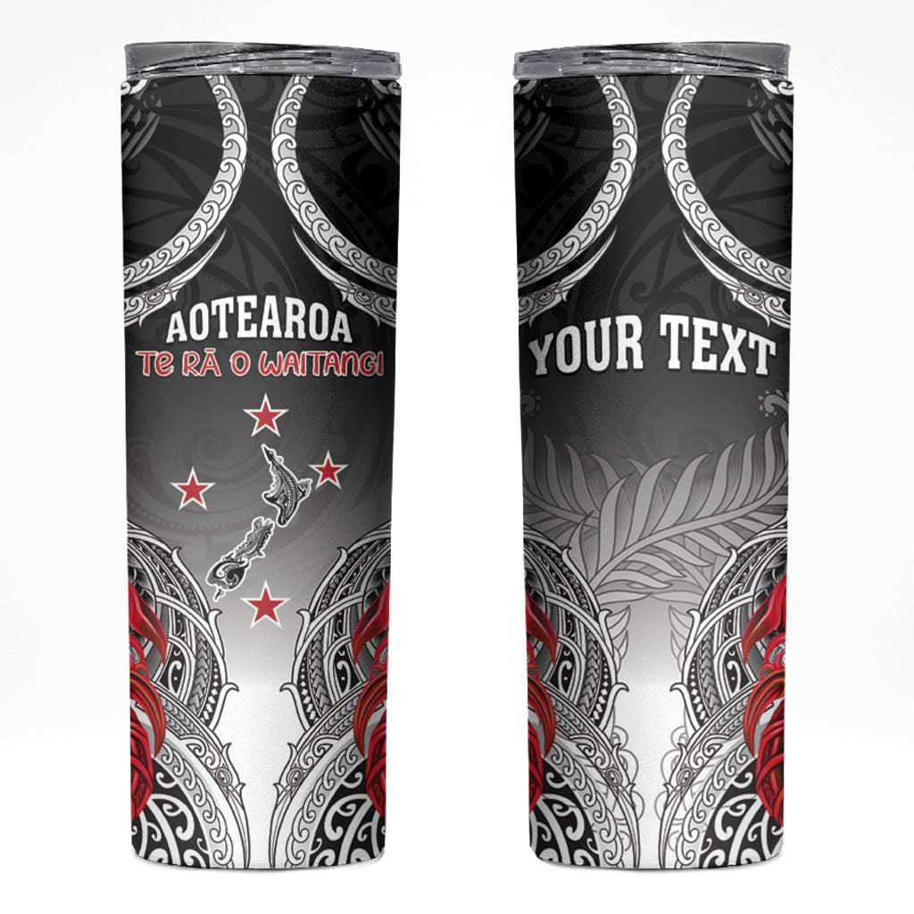 Personalised New Zealand Waitangi Day Skinny Tumbler Aotearoa Te Ra O Waitangi Manaia Maori Pattern LT05 Black - Polynesian Pride