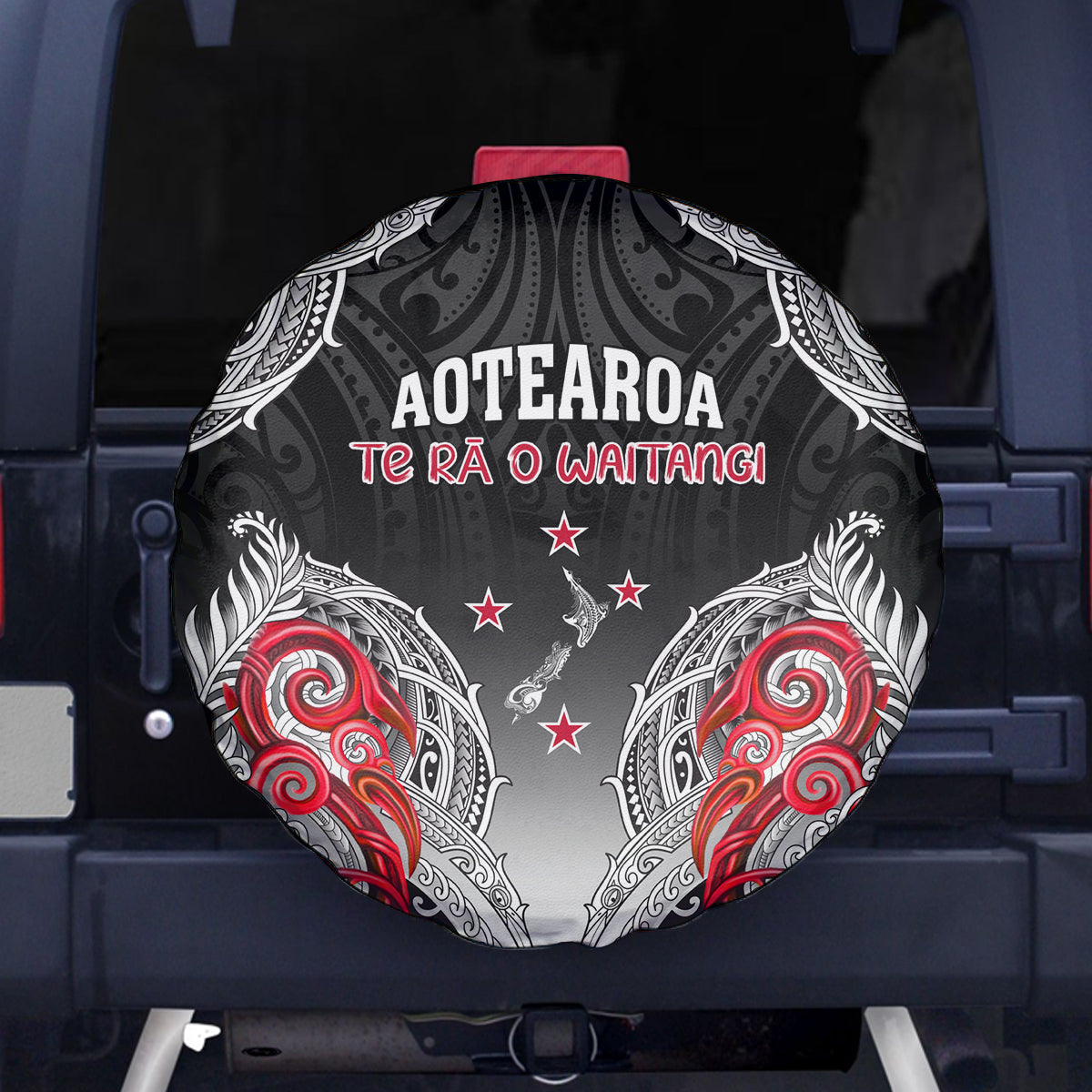 New Zealand Waitangi Day Spare Tire Cover Aotearoa Te Ra O Waitangi Manaia Maori Pattern LT05 Black - Polynesian Pride