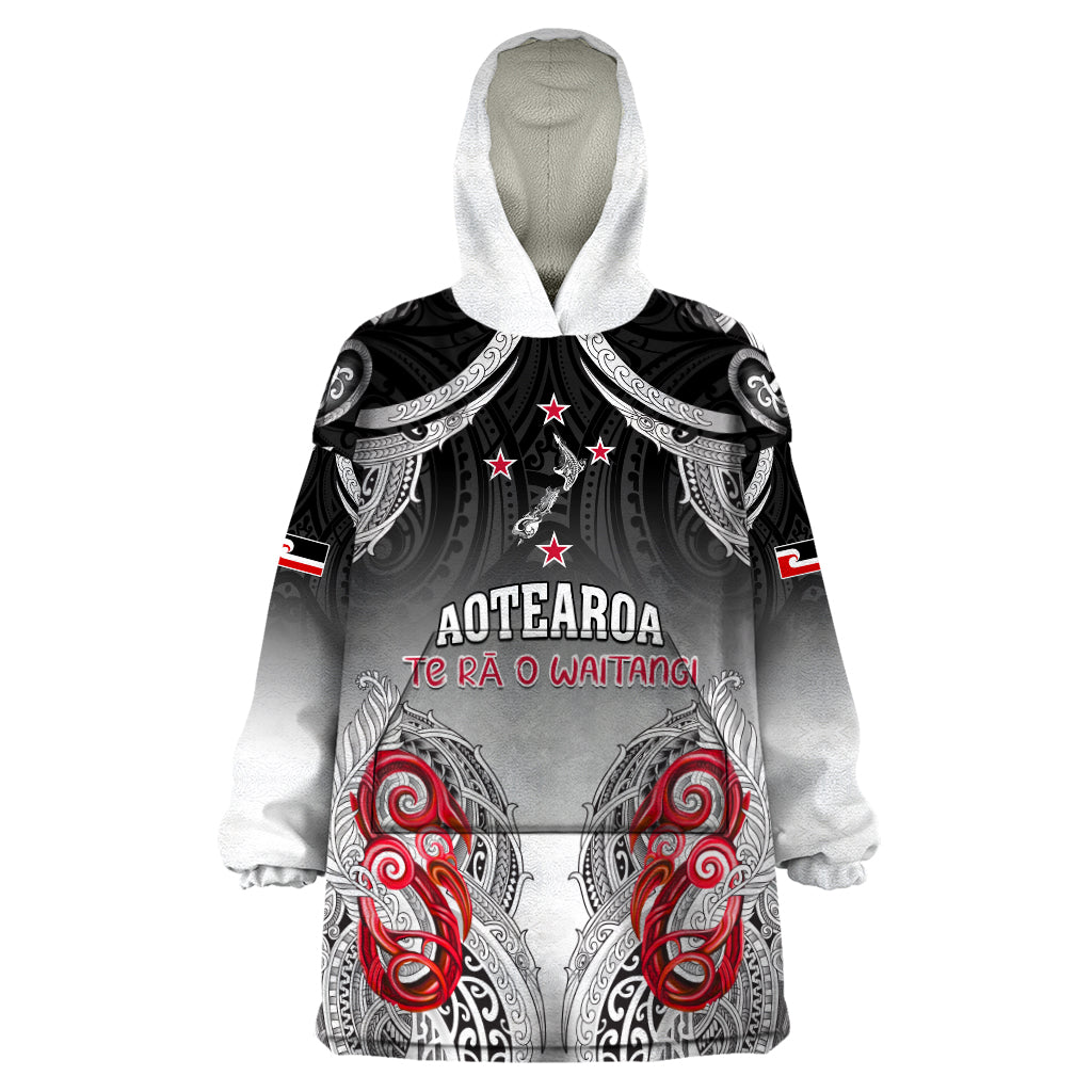 Personalised New Zealand Waitangi Day Wearable Blanket Hoodie Aotearoa Te Ra O Waitangi Manaia Maori Pattern LT05 One Size Black - Polynesian Pride