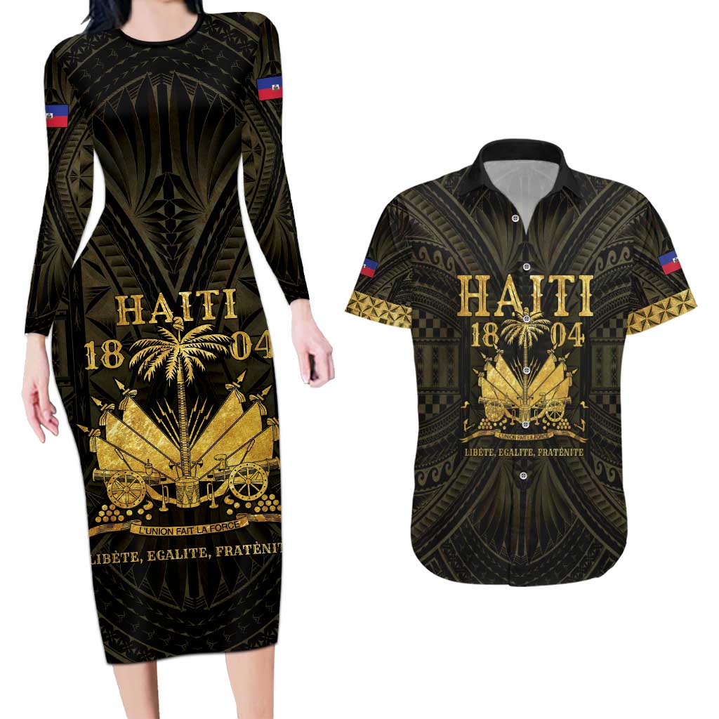 Haiti 1804 Couples Matching Long Sleeve Bodycon Dress and Hawaiian Shirt Polynesian Gold Neg Maron LT05 Gold - Polynesian Pride