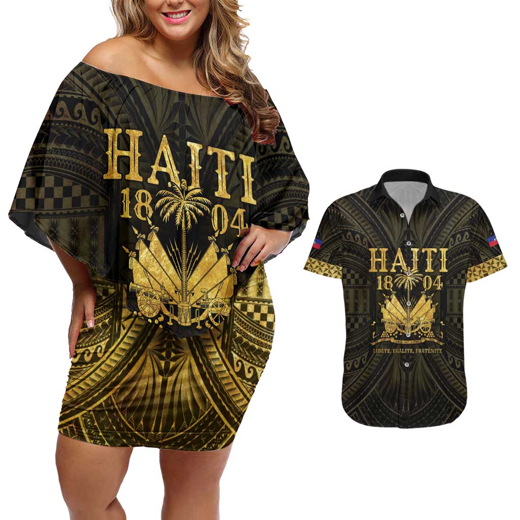 Haiti 1804 Couples Matching Off Shoulder Short Dress and Hawaiian Shirt Polynesian Gold Neg Maron