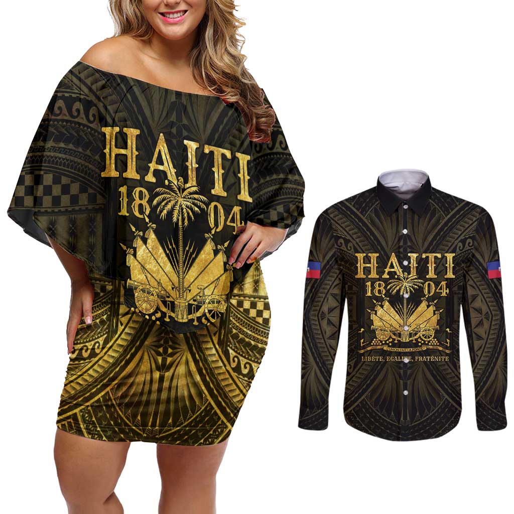Haiti 1804 Couples Matching Off Shoulder Short Dress and Long Sleeve Button Shirt Polynesian Gold Neg Maron
