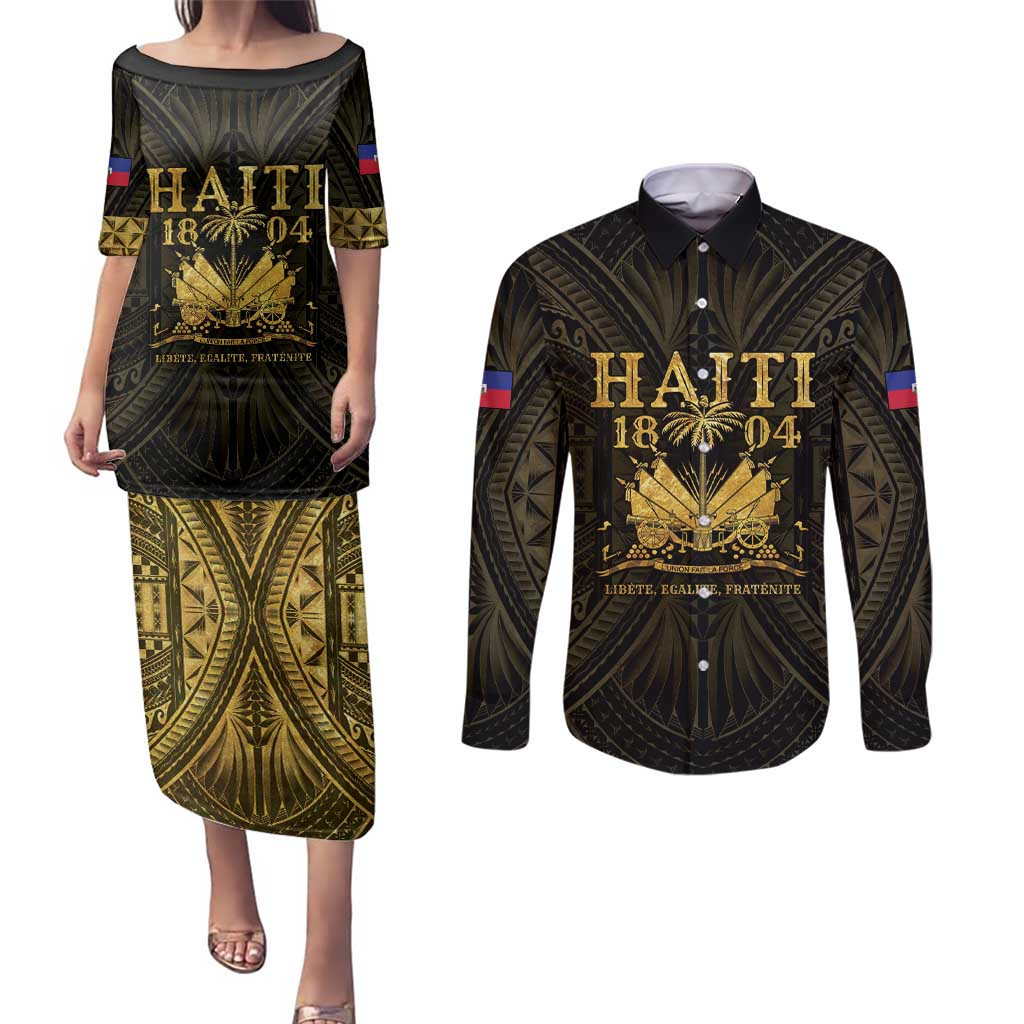 Haiti 1804 Couples Matching Puletasi and Long Sleeve Button Shirt Polynesian Gold Neg Maron