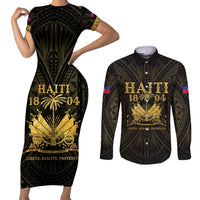 Haiti 1804 Couples Matching Short Sleeve Bodycon Dress and Long Sleeve Button Shirt Polynesian Gold Neg Maron