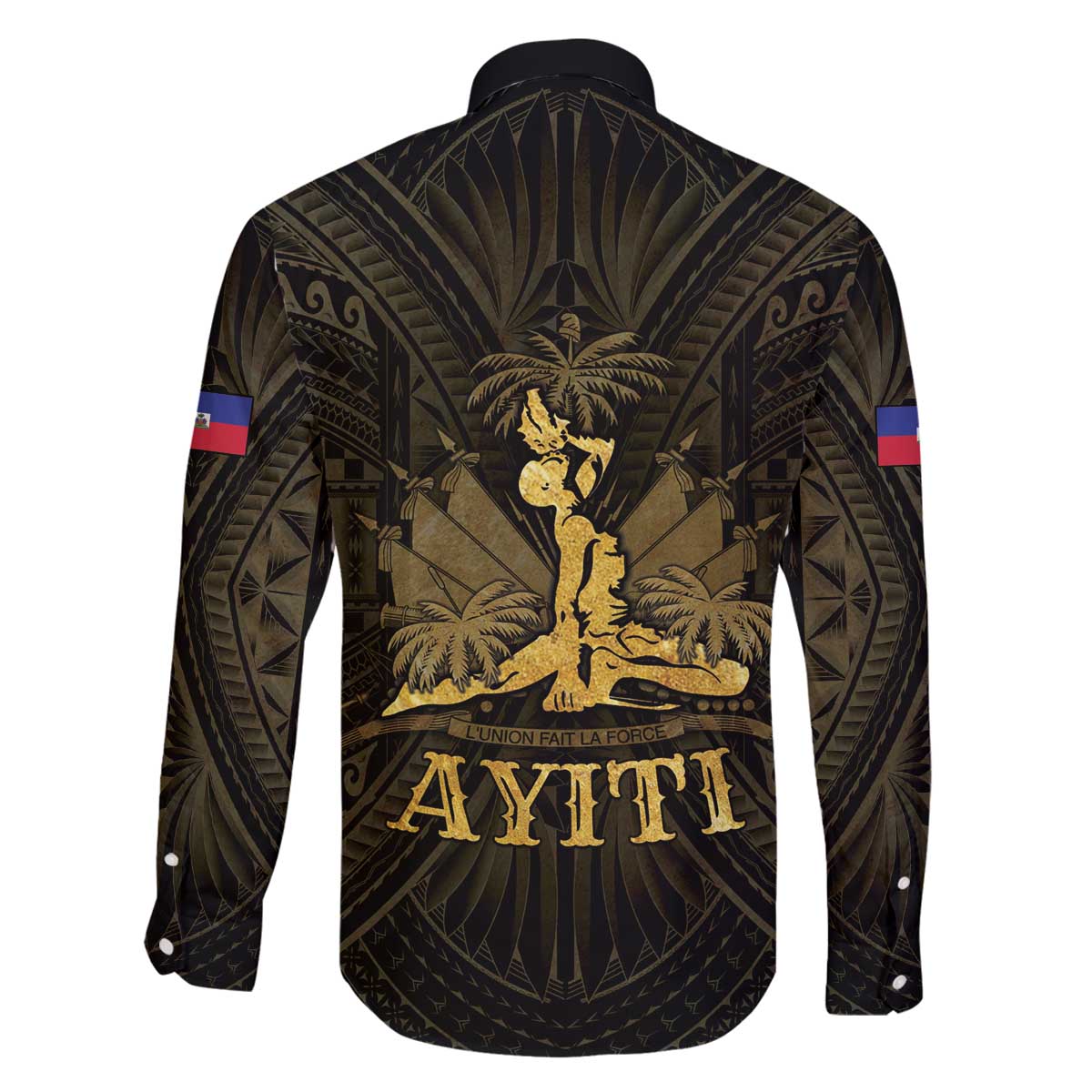 Haiti 1804 Family Matching Off The Shoulder Long Sleeve Dress and Hawaiian Shirt Polynesian Gold Neg Maron