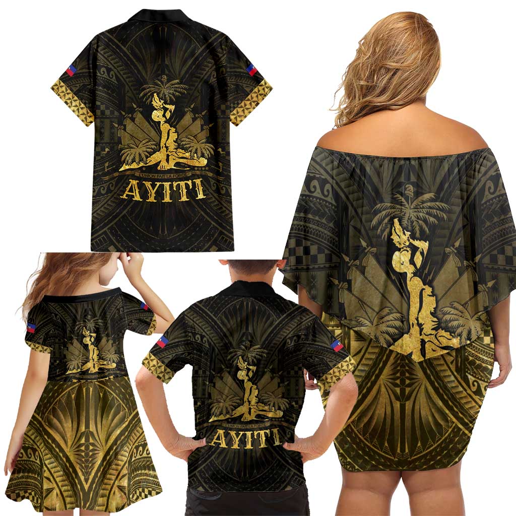 Haiti 1804 Family Matching Off Shoulder Short Dress and Hawaiian Shirt Polynesian Gold Neg Maron
