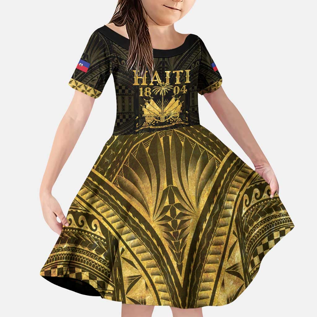 Haiti 1804 Family Matching Puletasi and Hawaiian Shirt Polynesian Gold Neg Maron LT05 Daughter's Dress Gold - Polynesian Pride