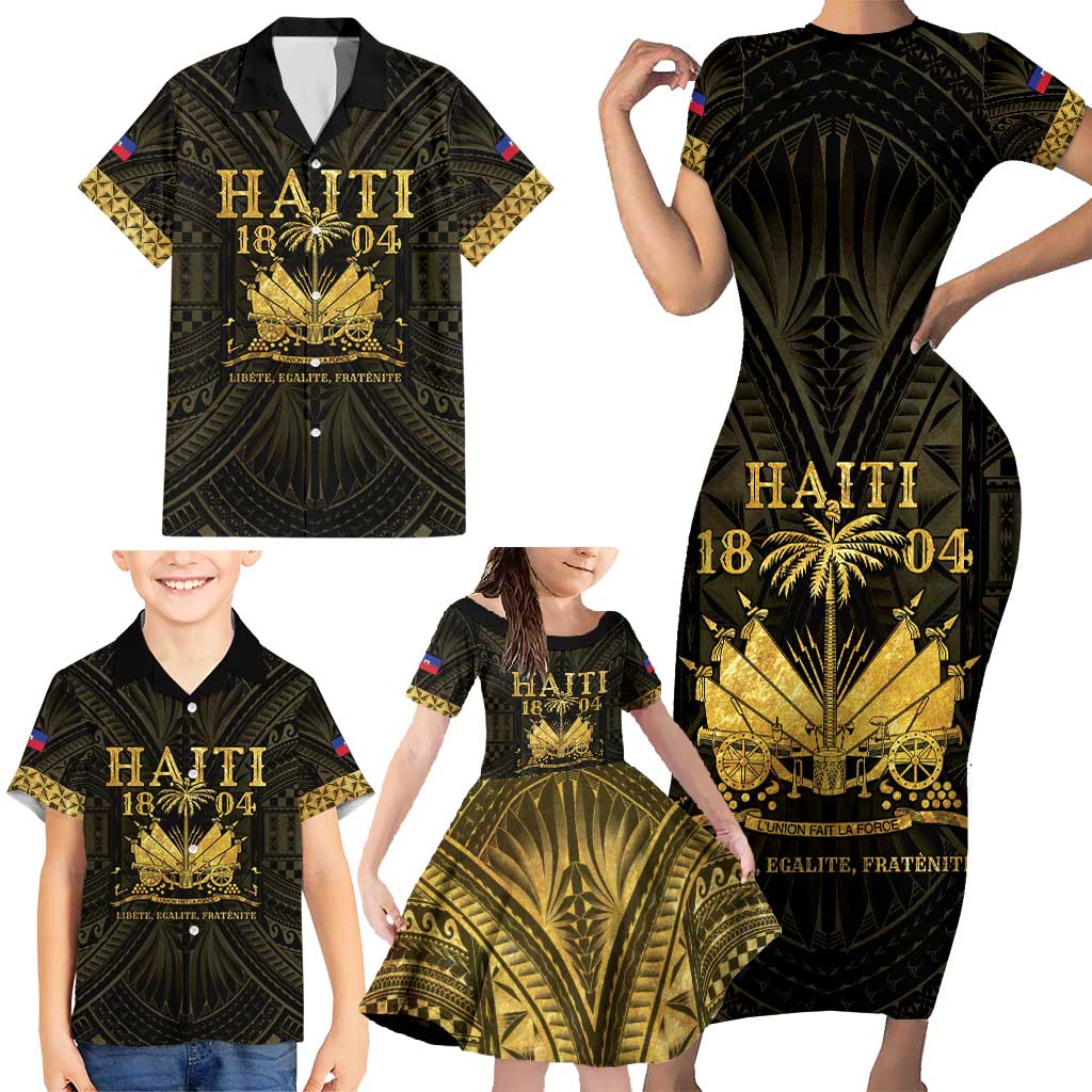 Haiti 1804 Family Matching Short Sleeve Bodycon Dress and Hawaiian Shirt Polynesian Gold Neg Maron LT05 - Polynesian Pride