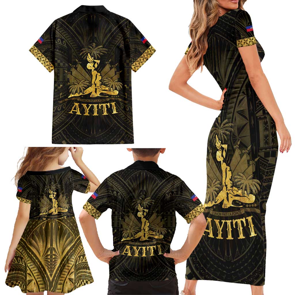 Haiti 1804 Family Matching Short Sleeve Bodycon Dress and Hawaiian Shirt Polynesian Gold Neg Maron LT05 - Polynesian Pride