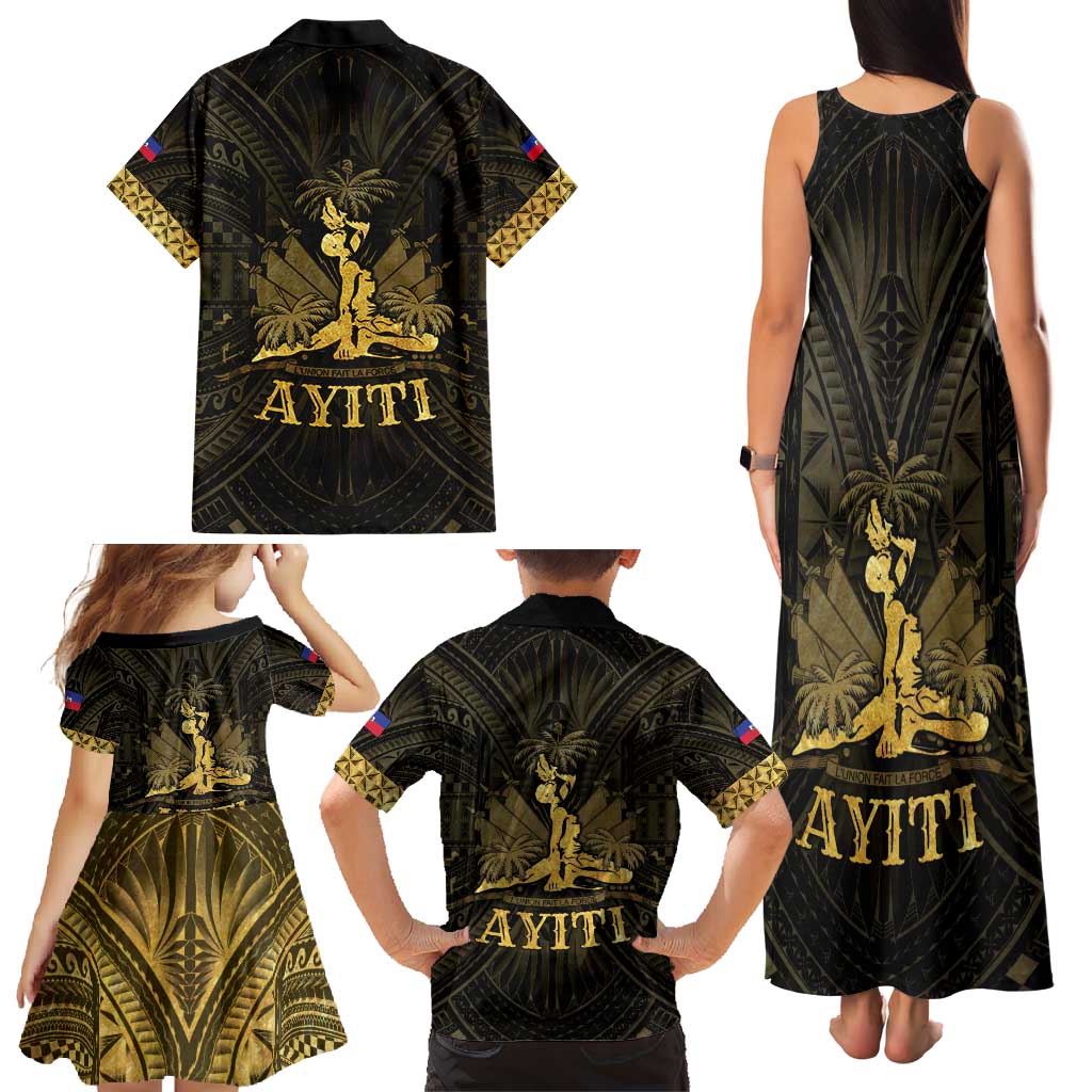 Haiti 1804 Family Matching Tank Maxi Dress and Hawaiian Shirt Polynesian Gold Neg Maron