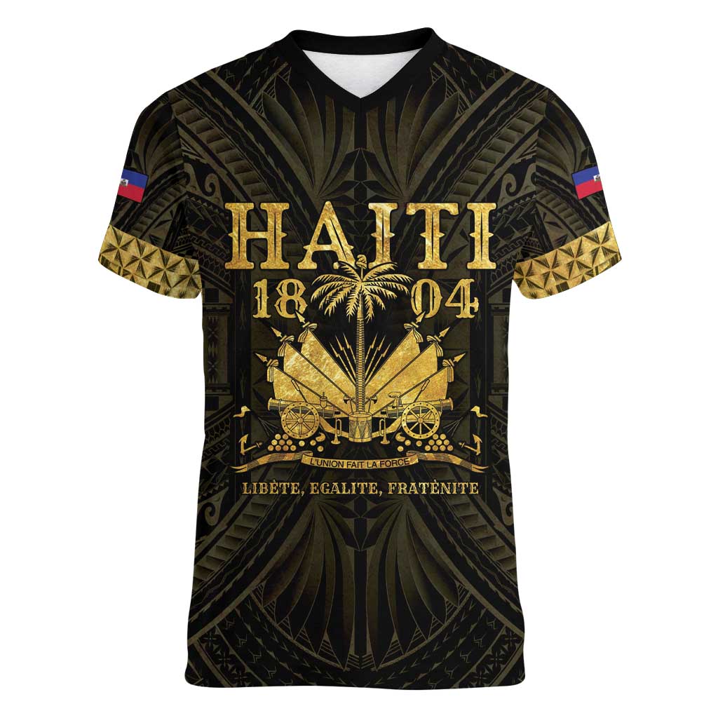 Haiti 1804 Women V-Neck T-Shirt Polynesian Gold Neg Maron LT05 Female Gold - Polynesian Pride